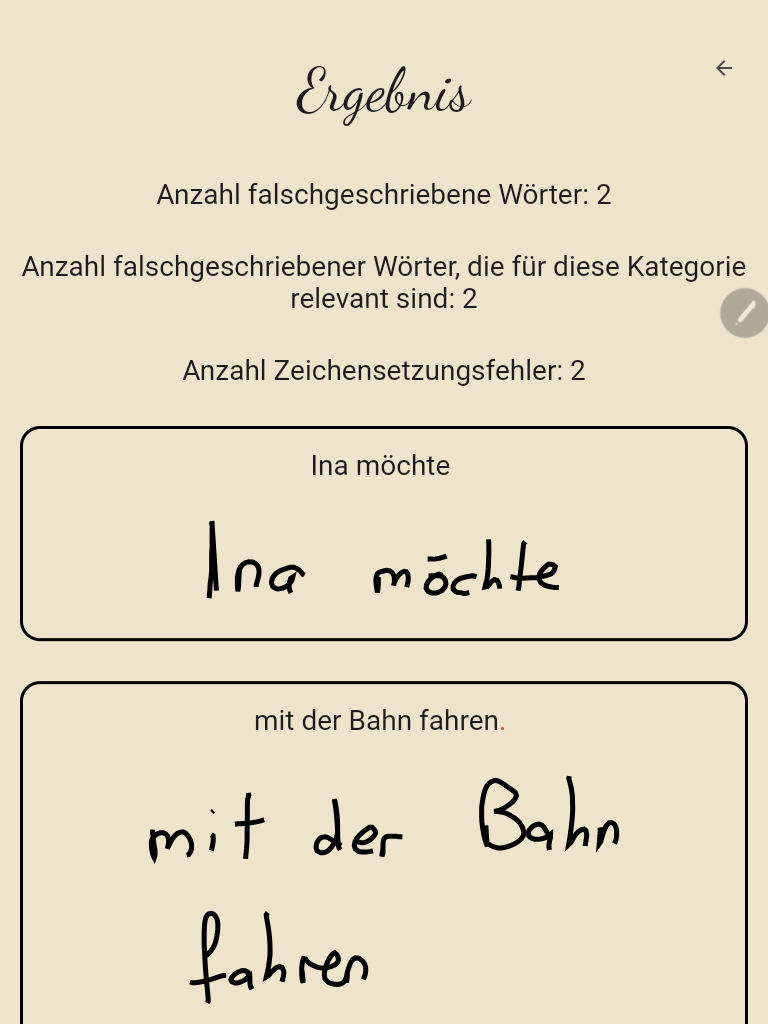 Screenshot aus der "Diktate üben" App. Dargestellt ist die Seite, in der die Korrektur des Diktats angezeigt wird. Man sieht, dass es eine allgemeine Übersicht über die Fehler gibt, und anschließend die Fehler abschnittsweise dargestellt werden.